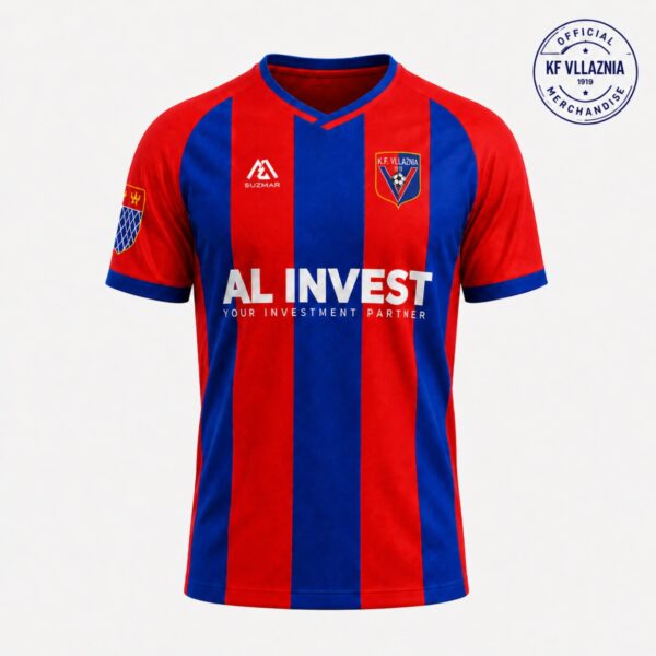 Bluza KF Vllaznia 26_27 front KB Bluza Zyrtare KF Vllaznia - Kuq e Blu për sezonin 2026 – 2027